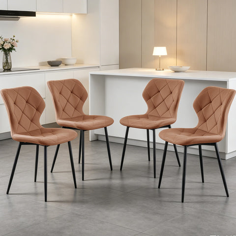 Set of four coffee curved back dining chairs at a kitchen island