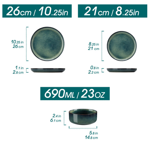 Curved edge green dinner set dimensions — 21 cm plate and 690 ml bowl