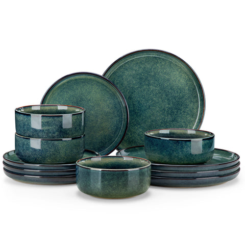 Curved edge green dinner set, plates and bowls stacked
