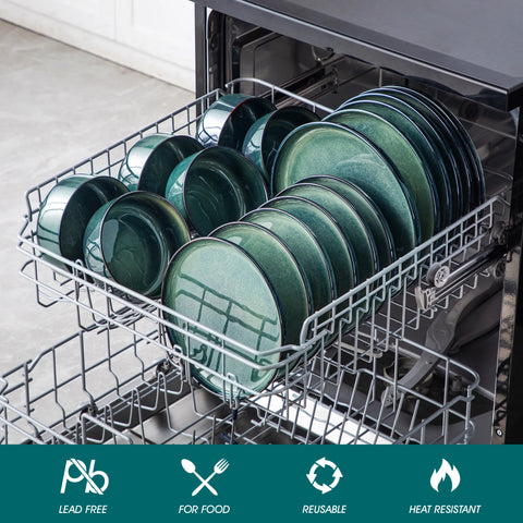 Curved edge green dinner set in a dishwasher, with care symbols
