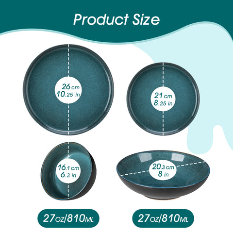 Dark reactive glaze dinner set — plate and bowl dimensions