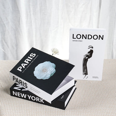 Decorative book boxes with London, Paris and New York covers
