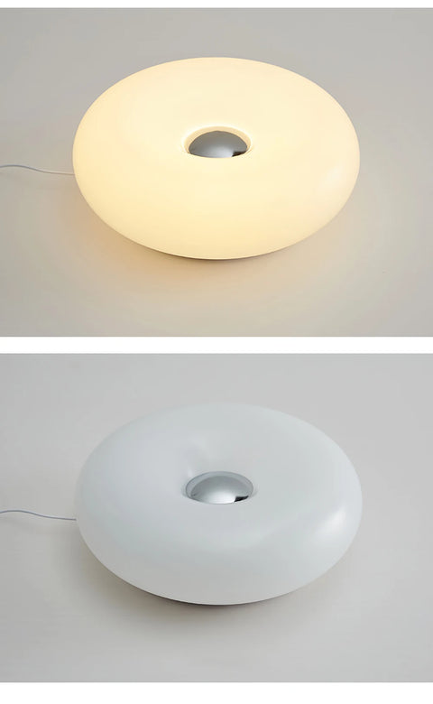 Donut table lamp in white, shown lit and unlit