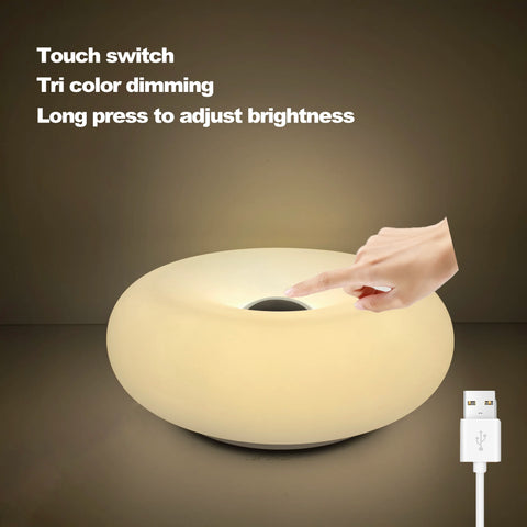 Donut table lamp in white, touch switch with three-colour dimming and USB cable