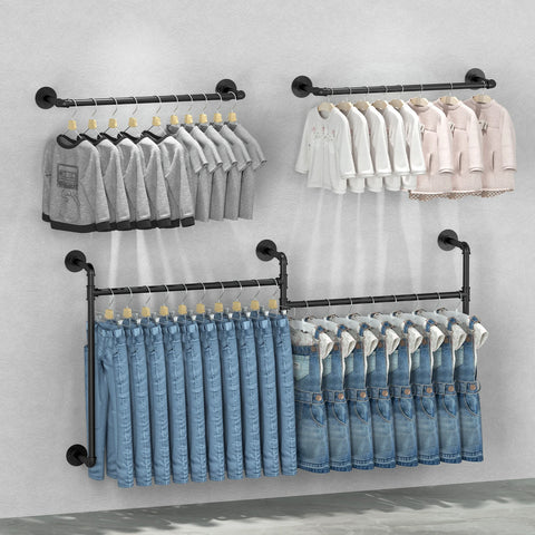 Pipe clothes rail with folded textiles stacked on the lower level