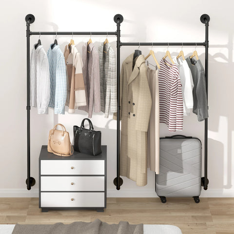 Double-level pipe clothes rail holding hanging clothes and folded items