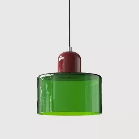 Emerald glass pendant light with an oxblood cap