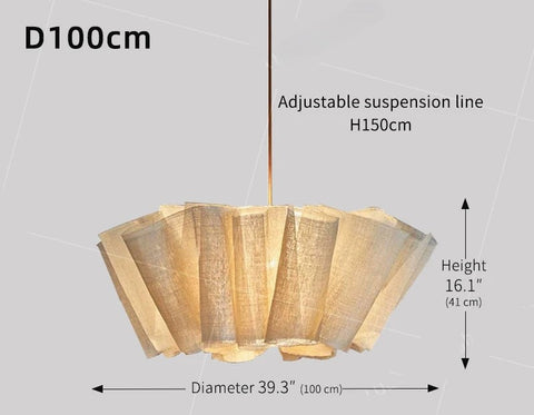 Fabric chandelier shown with its height and suspension measurements