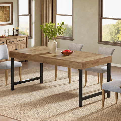 Rustic brown farmhouse dining table, 140 x 70 cm, on black metal legs