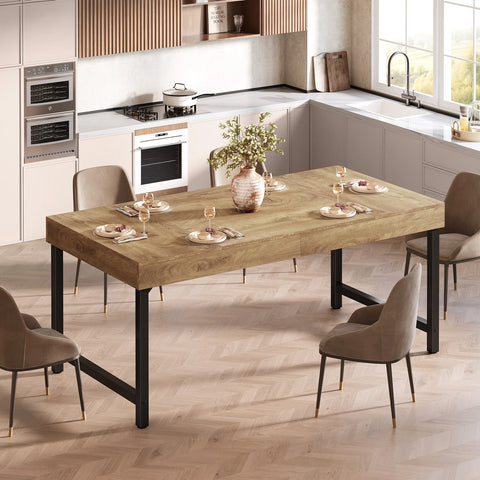 Farmhouse dining table set with bench seating against a sofa