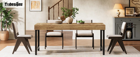 Close view of the farmhouse dining table top and black metal leg