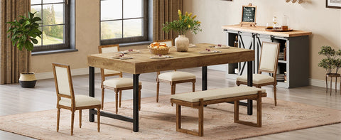 Farmhouse dining table and chairs in an open-plan room