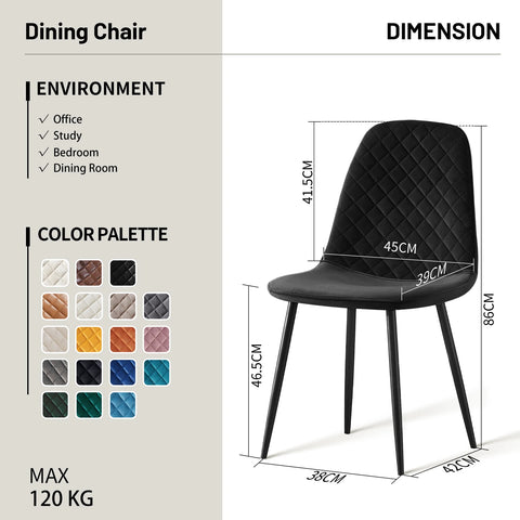Faux suede dining chair dimensions — 45 cm wide, 42 cm deep, 86 cm high, 46.5 cm seat, holds 120 kg