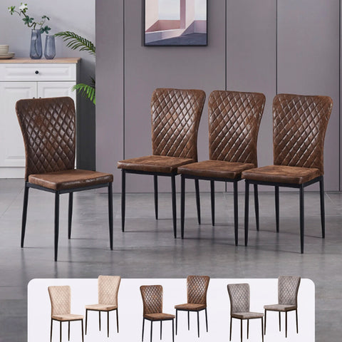 Four brown faux suede dining chairs with black metal legs