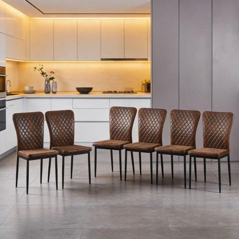 Six brown faux suede dining chairs in a kitchen