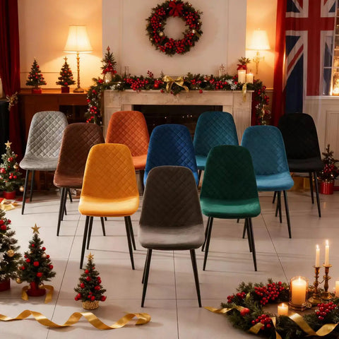 Faux suede dining chairs in several colours lined up in a room