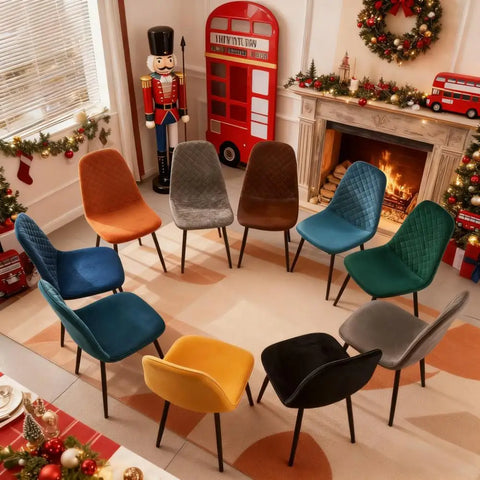 Faux suede dining chairs in the full colour range, arranged in a room