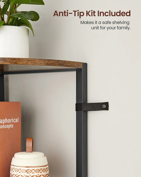Five-tier corner shelf with the included anti-tip wall fixing kit