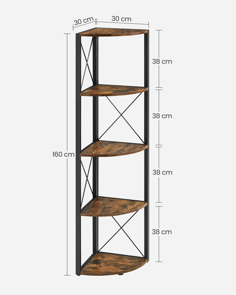 Five-tier corner shelf, full-height view of all five shelves