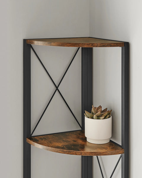Rustic brown corner shelf standing in a room corner