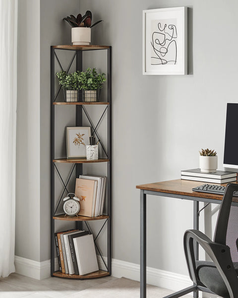 Five-tier corner shelf in rustic brown with a black steel frame, styled with books and a plant