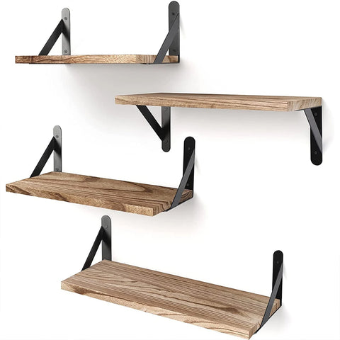 Two floating wooden shelves with black metal brackets