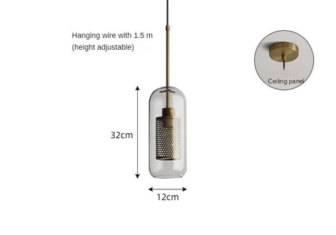 Glass cylinder pendant, 12cm wide and 32cm tall, with brass fittings