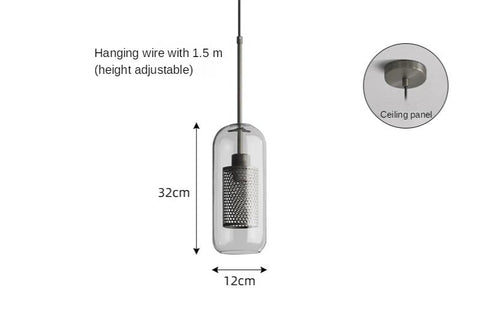 Glass cylinder pendant, 12cm wide and 32cm tall, with chrome fittings