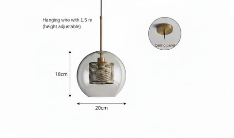 Glass globe pendant, 20cm wide and 18cm tall, with brass fittings