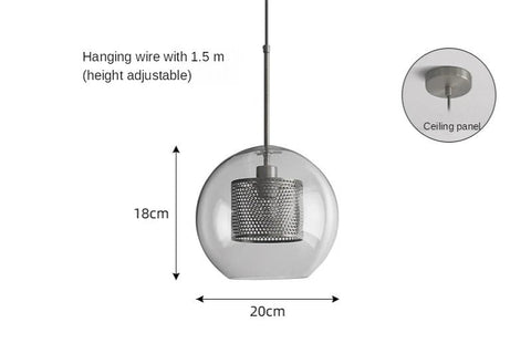 Glass globe pendant, 20cm wide and 18cm tall, with chrome fittings