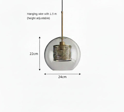 Glass globe pendant, 24cm wide and 22cm tall, with brass fittings