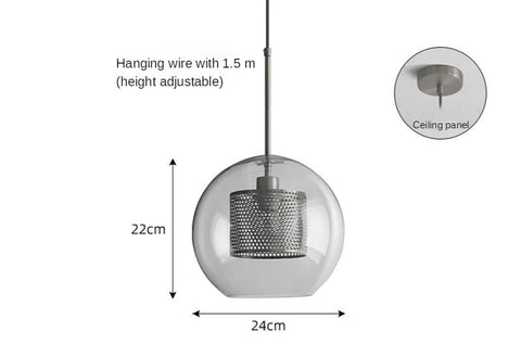 Glass globe pendant, 24cm wide and 22cm tall, with chrome fittings