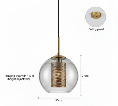 Glass globe pendant, 30cm wide and 27cm tall, with brass fittings