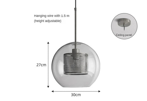Glass globe pendant, 30cm wide and 27cm tall, with chrome fittings