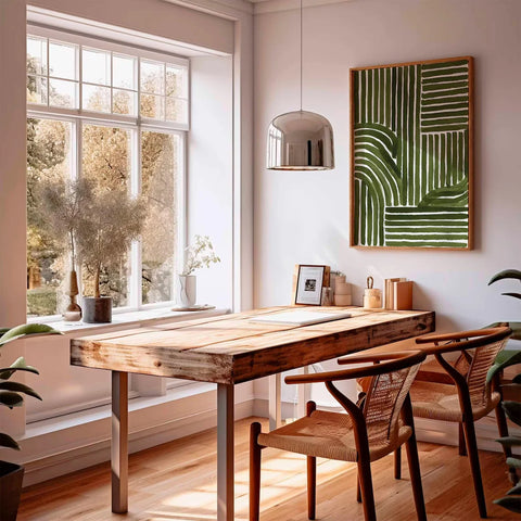 Modern dining room with wooden table, chairs, and abstract art on the wall.