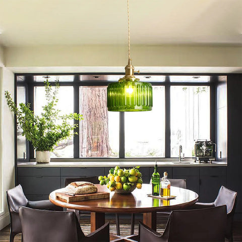 Green ribbed glass pendant light, close view of the shade