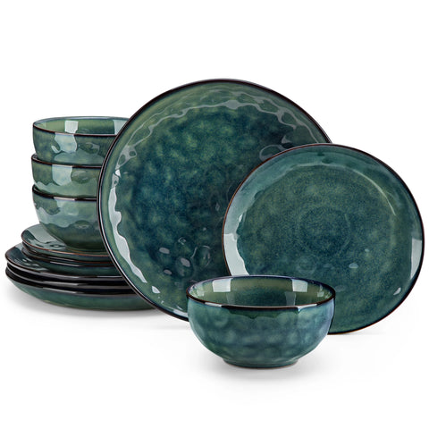 Green reactive glaze stoneware dinner set, 12 piece, stacked plates and bowls