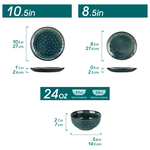 Green stoneware dinner set — 24 piece contents and plate dimensions