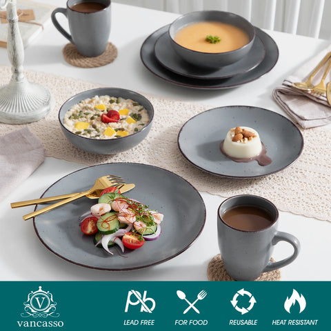 Grey stoneware plates served with food, with dishwasher and microwave icons