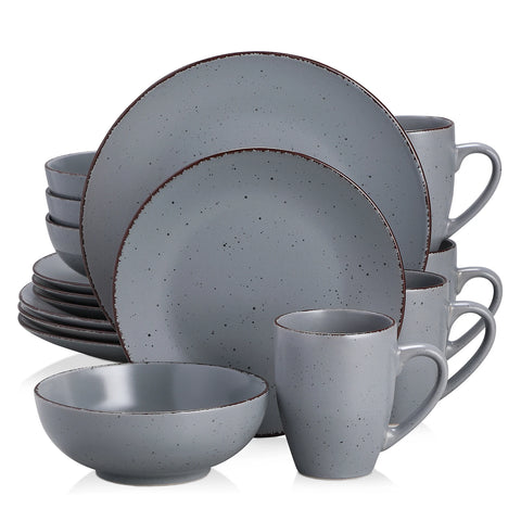Grey speckled stoneware dinner set with mugs, stacked