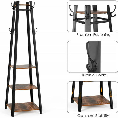 Iron coat stand with shelves, shown empty against a plain background
