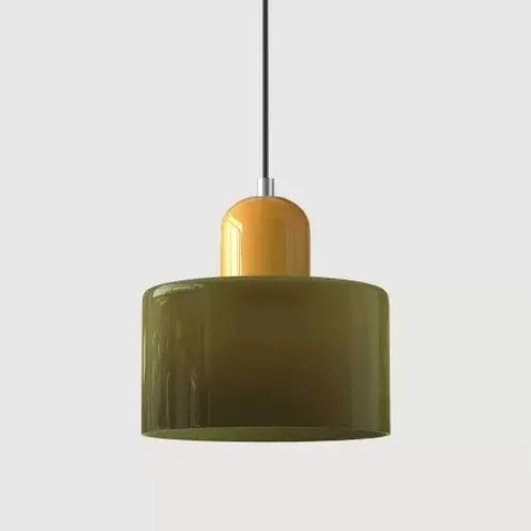 Khaki glass pendant light with a mustard cap