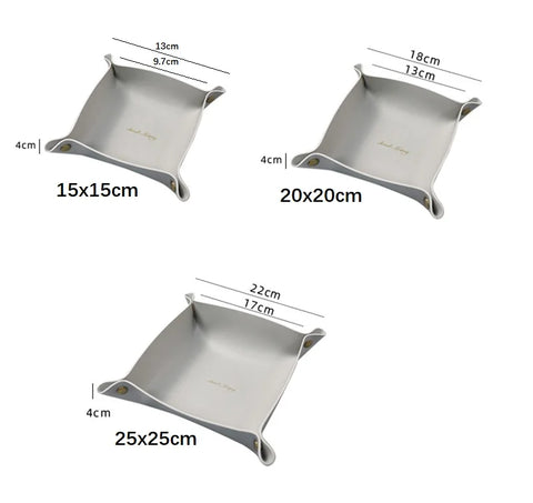 Leather valet tray size chart: 15 x 15cm, 20 x 20cm and 25 x 25cm