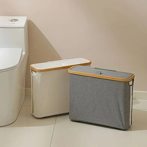 Beige and grey lidded storage baskets in a bathroom