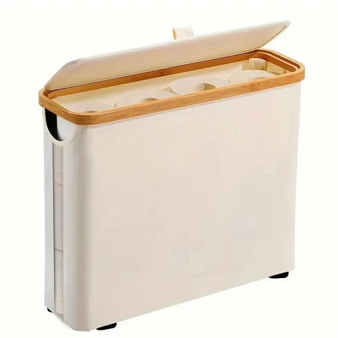 Beige lidded storage basket with the bamboo lid open