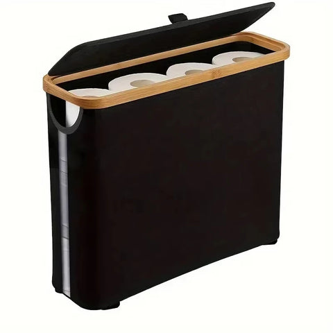 Black lidded storage basket with the bamboo lid open