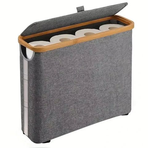 Grey lidded storage basket with the bamboo lid open