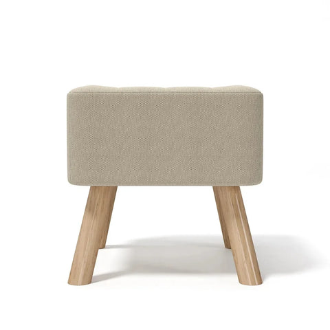 Beige linen footstool with pine legs, 39.5 cm square