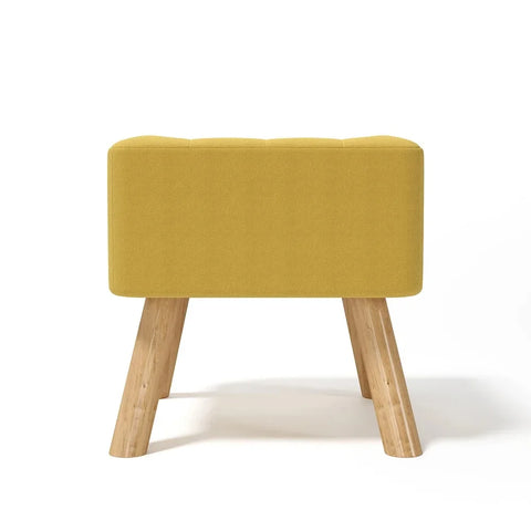 Yellow linen footstool with pine legs, 39.5 cm square