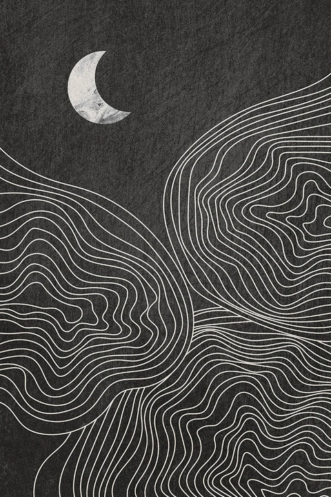 Night print — wavy lines and a crescent moon on a dark background